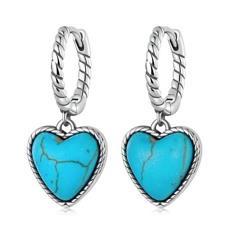 Jewelry 925 Sterling Silver Heart Turquoise Stones Rhodium Plated Hoop Earring