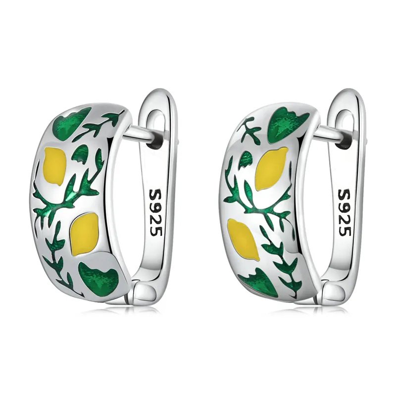 Enamel Sterling Silver Lemon Tree Leverback Hypoallergenic Earrings