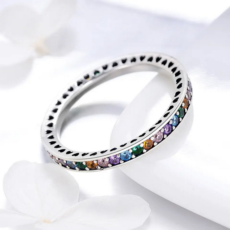 925 Silver Rhodium Plated Rainbow Multi-Colored CZ Ring-VENUSACC 925 Silver Rhodium Plated Rainbow Multi-Colored CZ Ring-VENUSACC