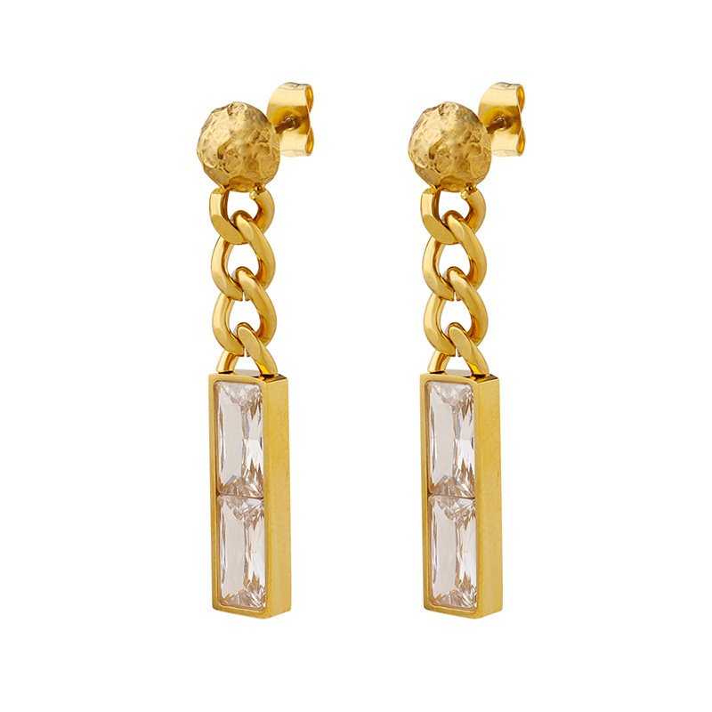 CZ Drop Chain Gold Plated Stainless Steel Earrings