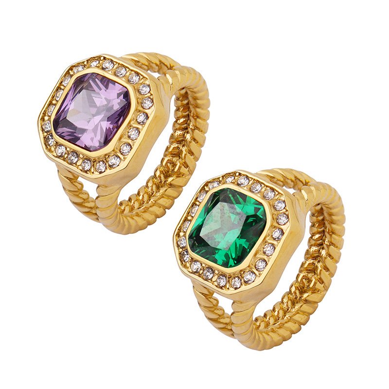 Gold Stainless Steel Trendy Glass Zircon Inland Ring