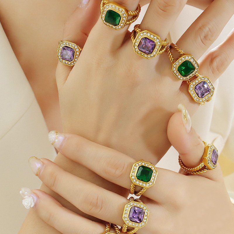 Gold Stainless Steel Trendy Glass Zircon Inland Ring - Image 3