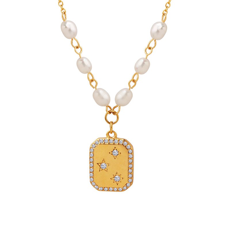 Pearl Chain Zircon Crystal Square Pendant