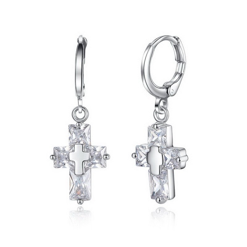Zirconia Rhodium Plated Cross Brass Earrings - 图片 3