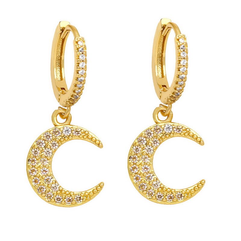 Crescent Moon & Star Zirconia Dangle Hoop Brass Earring - 图片 3