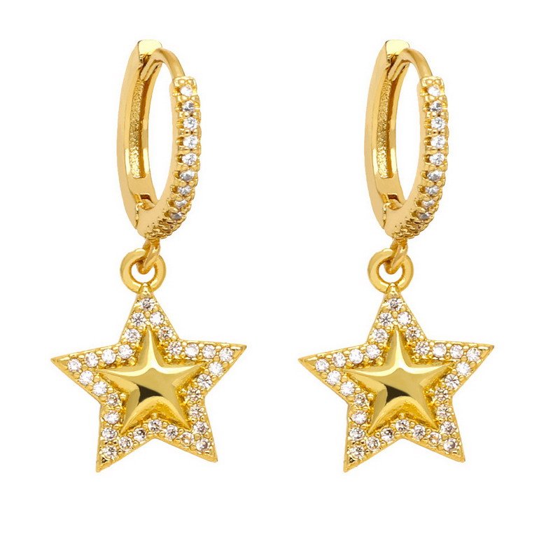 Crescent Moon & Star Zirconia Dangle Hoop Brass Earring - 图片 4