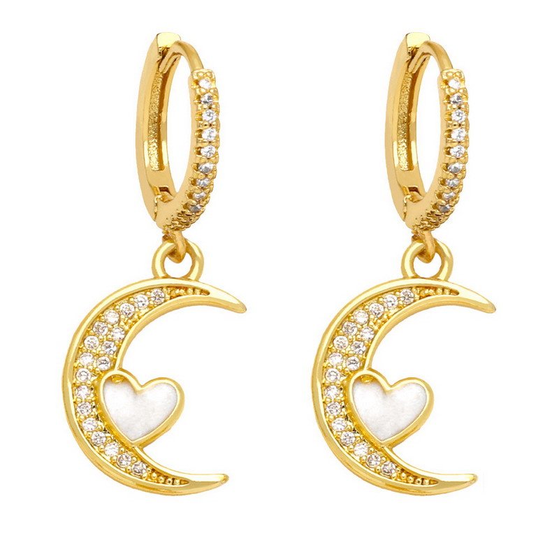 Crescent Moon & Star Zirconia Dangle Hoop Brass Earring - 图片 5