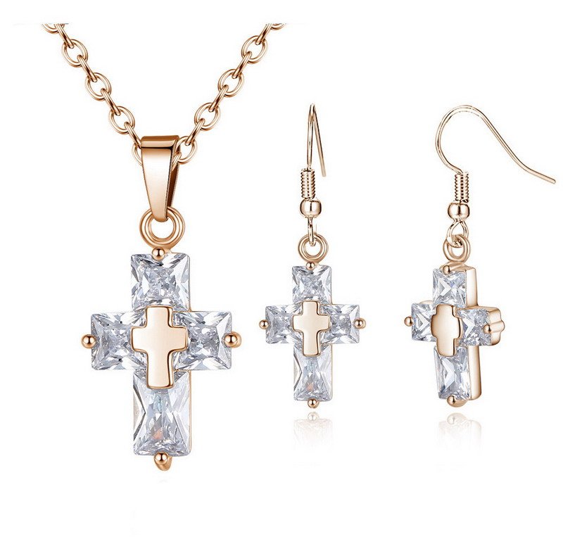 Crossed Zirconia Rhodium-Plated Brass Jewelry Set - 图片 2