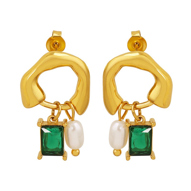 Stainless Steel Emerald Pearl Earrings
