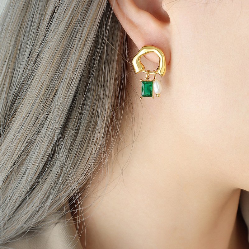 Stainless Steel Emerald Pearl Earrings - Image 3